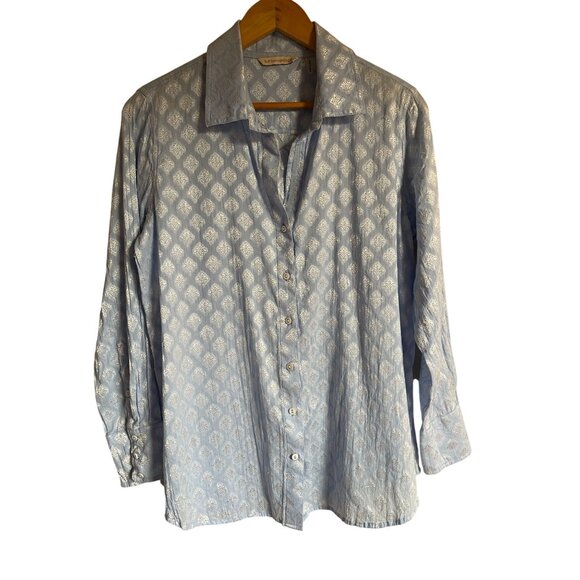 Soft Surroundings Size S Blue Collared Metallic Embroidered Jacquard Shirt Butto - Picture 1 of 7